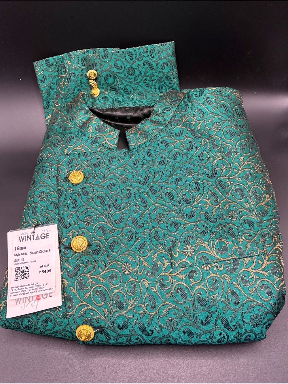 Teal Brocade Jodhpuri Sherwani 42R Jacket with Gold Buttons
